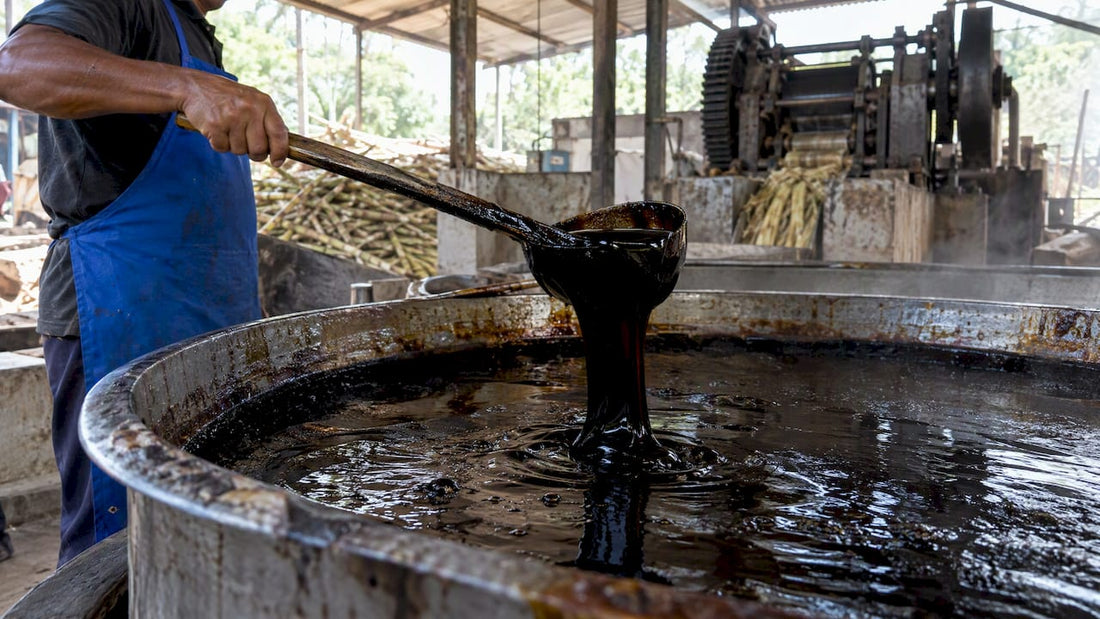 Dark cane syrup in a working sugar mill