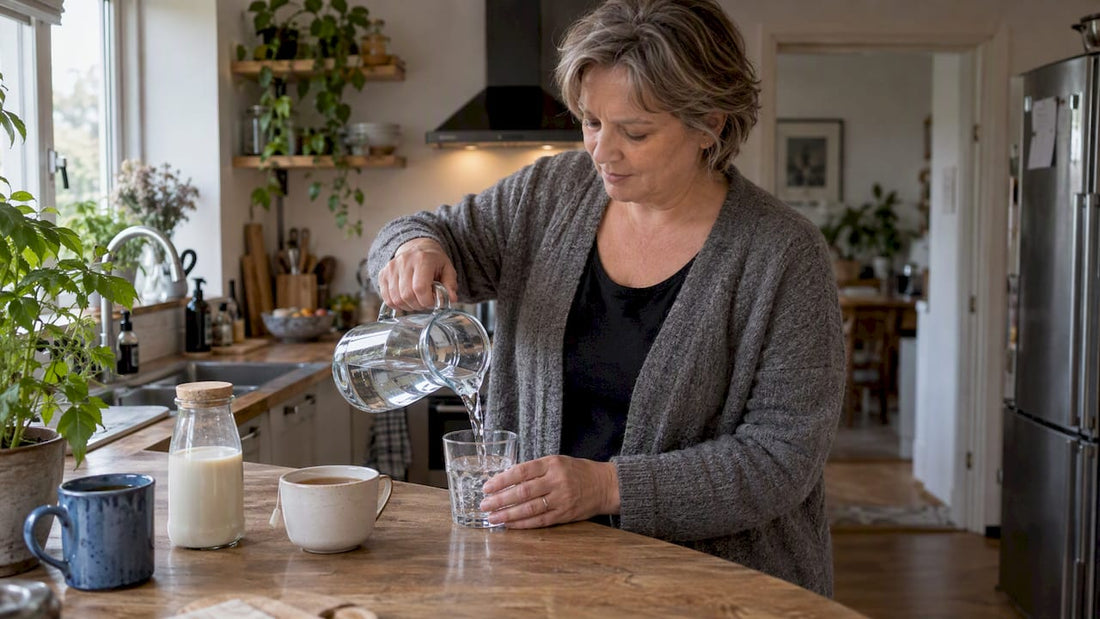 Water, tea and plant drink at breakfast