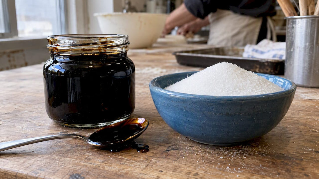 Blackstrap molasses beside refined white sugar