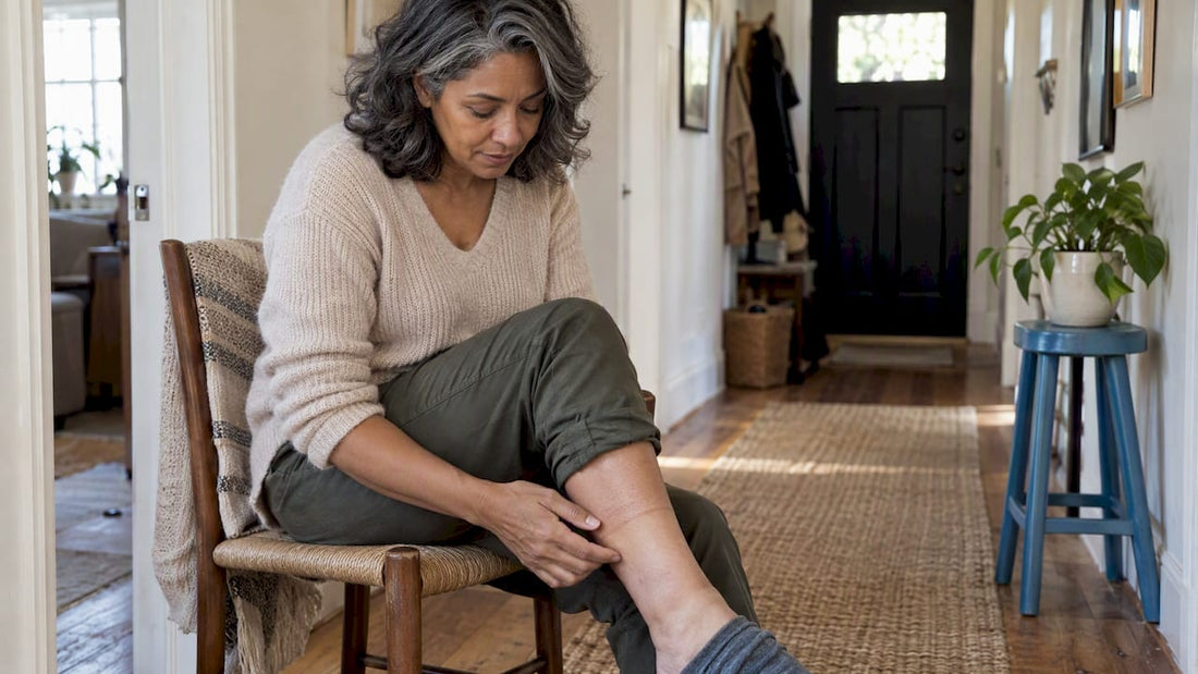 Woman noticing a sock mark at her ankle