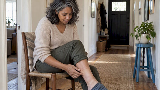 Woman noticing a sock mark at her ankle