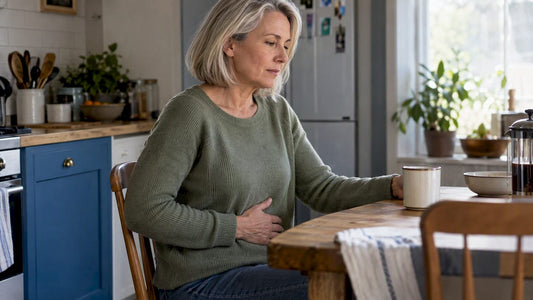 Woman pausing with mild digestive discomfort