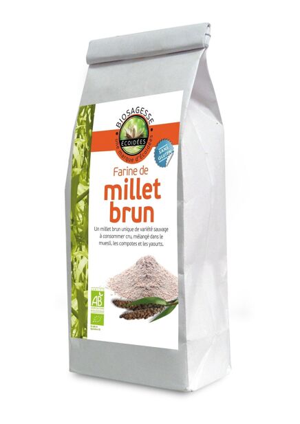 Organic brown millet flour, front view, ancient grains, nutrient dense
