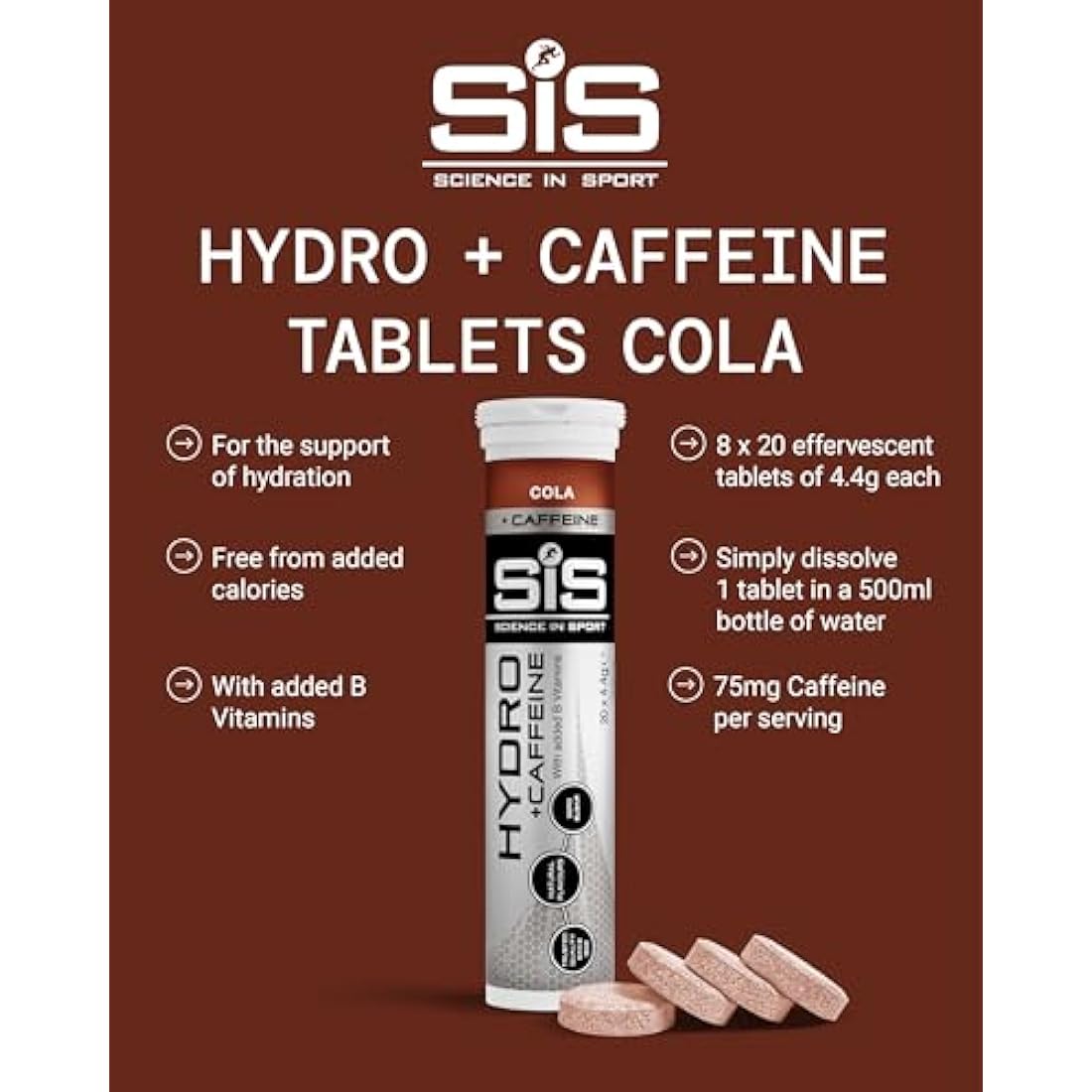 Science in Sport HYDRO Electrolyte Tablets 160 pcs. Cola + Caffeine – Vegan & Gluten-Free, With Sodium, Calcium, Potassium & Magnesium for Balanced Electrolyte Levels (packaging may vary)