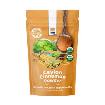 ORGANIC cinnamon powder, front view, health benefits