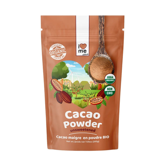 ORGANIC cocoa powder, front view, high nutrients 