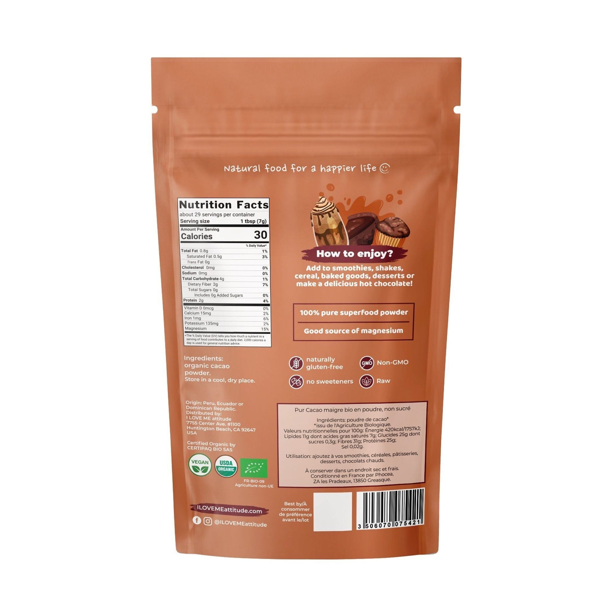 ORGANIC cocoa powder, rear view, high micronutrients