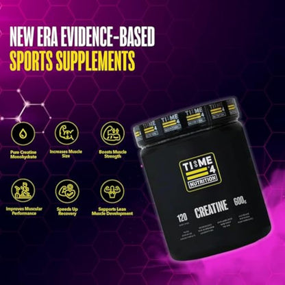 Time 4 Creatine Powder 600g - 120 x 5g Servings - Micronised Creatine Monohydrate Powder, Unflavoured 100% Pure Premium Grade Creatine Monohydrate, Easy to Mix, Vegan Friendly, Gluten Free, No Filler