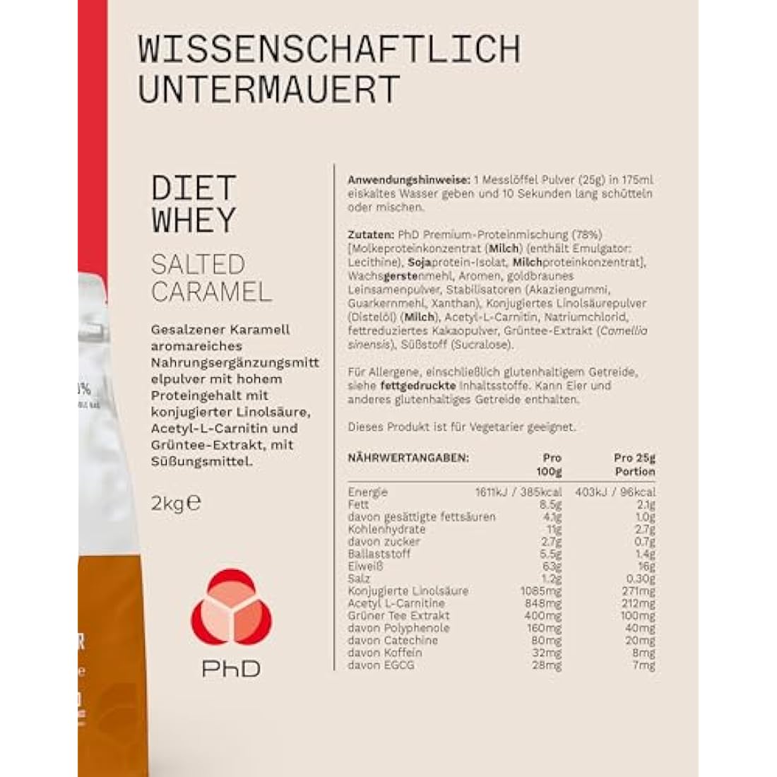 PhD Nutrition Diet Whey Low Calorie Protein Powder, Low Carb, High Protein Lean Matrix, Salted Caramel Diet Whey Protein Powder, High Protein, 62 Servings Per 2 kg Bag [Packing May Vary]