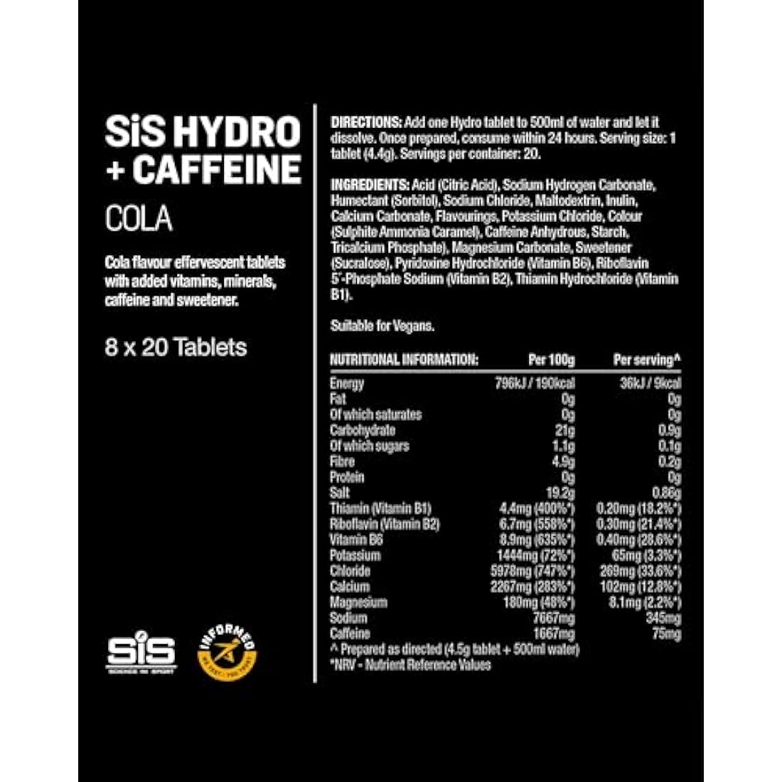 Science in Sport HYDRO Electrolyte Tablets 160 pcs. Cola + Caffeine – Vegan & Gluten-Free, With Sodium, Calcium, Potassium & Magnesium for Balanced Electrolyte Levels (packaging may vary)