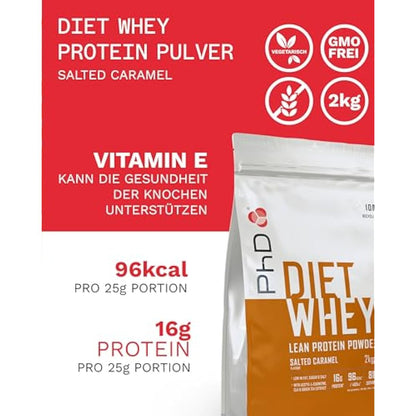 PhD Nutrition Diet Whey Low Calorie Protein Powder, Low Carb, High Protein Lean Matrix, Salted Caramel Diet Whey Protein Powder, High Protein, 62 Servings Per 2 kg Bag [Packing May Vary]