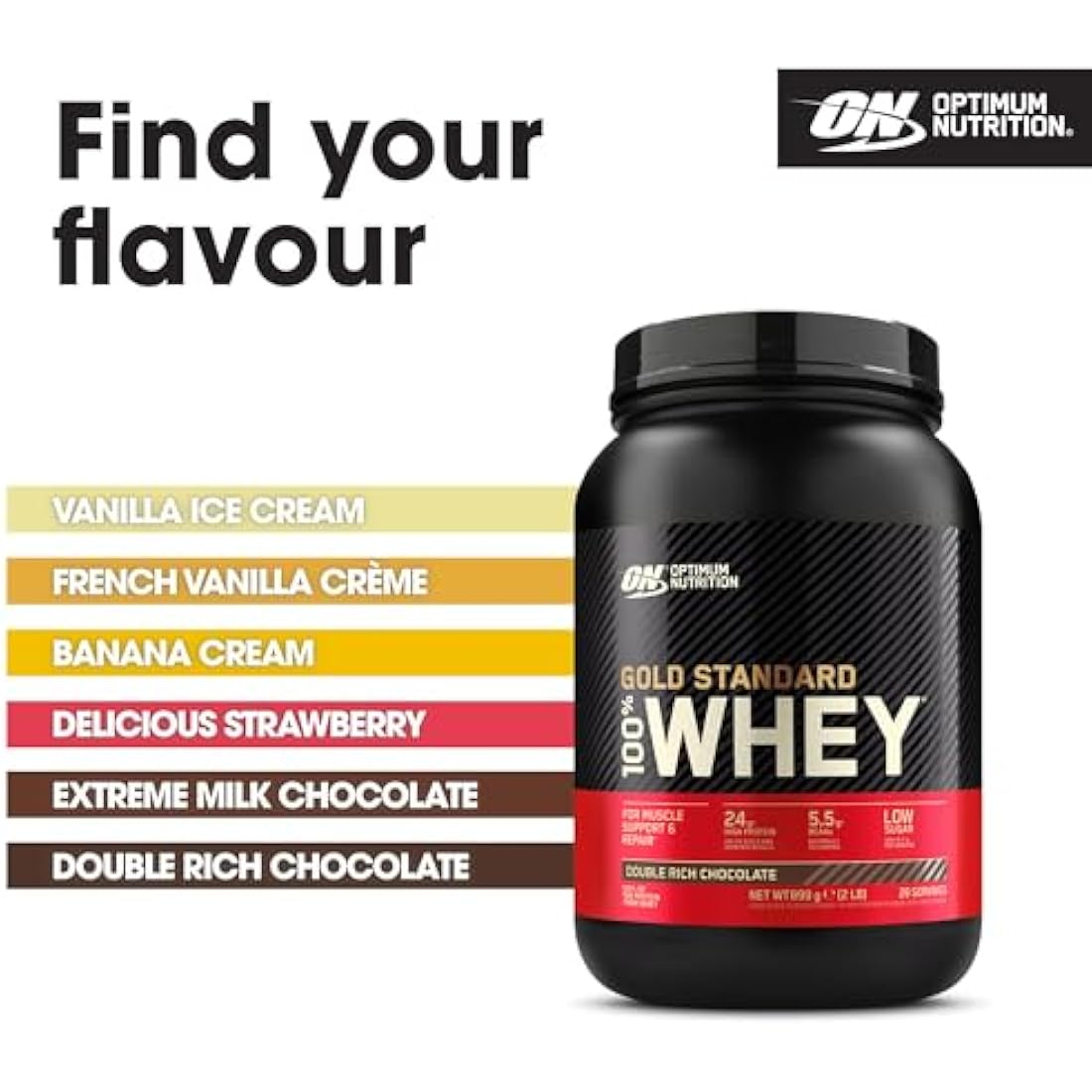 Optimum Nutrition Gold Standard Whey Protein, Muscle Building Powder with Naturally Occurring Glutamine and Amino Acids, Double Rich Chocolate, 29 Servings, 899 g, Packaging May Vary