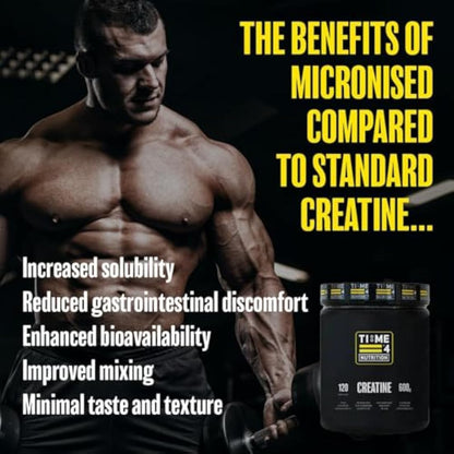 Time 4 Creatine Powder 600g - 120 x 5g Servings - Micronised Creatine Monohydrate Powder, Unflavoured 100% Pure Premium Grade Creatine Monohydrate, Easy to Mix, Vegan Friendly, Gluten Free, No Filler